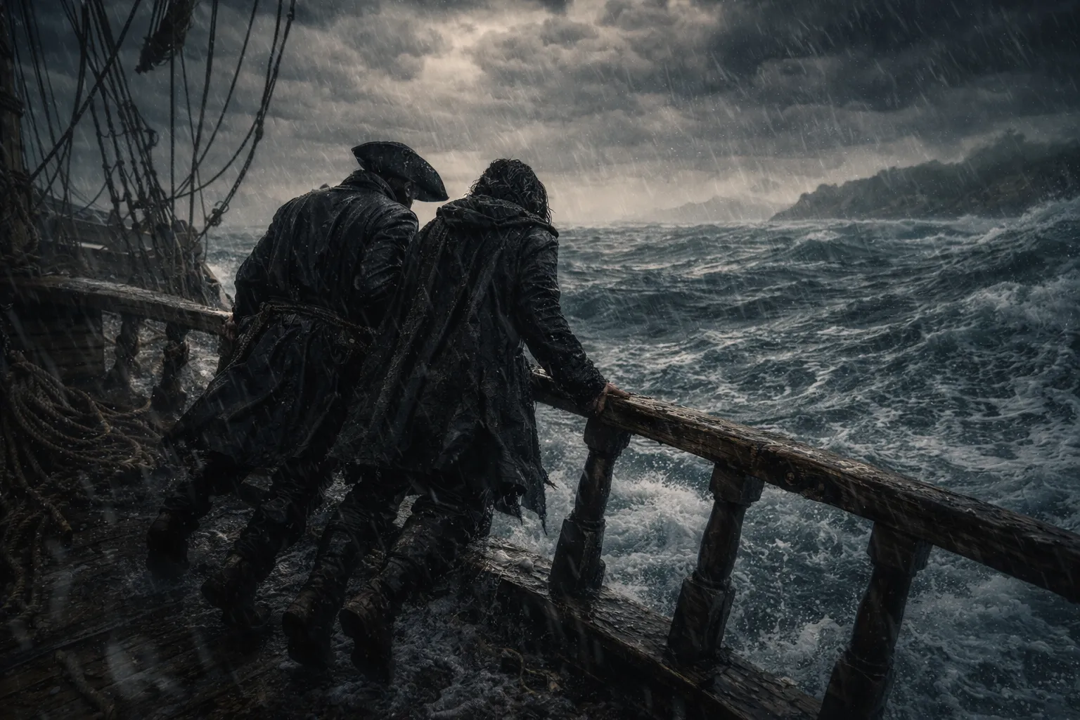 Zwei Personen stehen dicht beieinander auf dem Deck eines Segelschiffs bei schwerem Wetter, umgeben von Seilen, Segeln und dunklem Himmel.