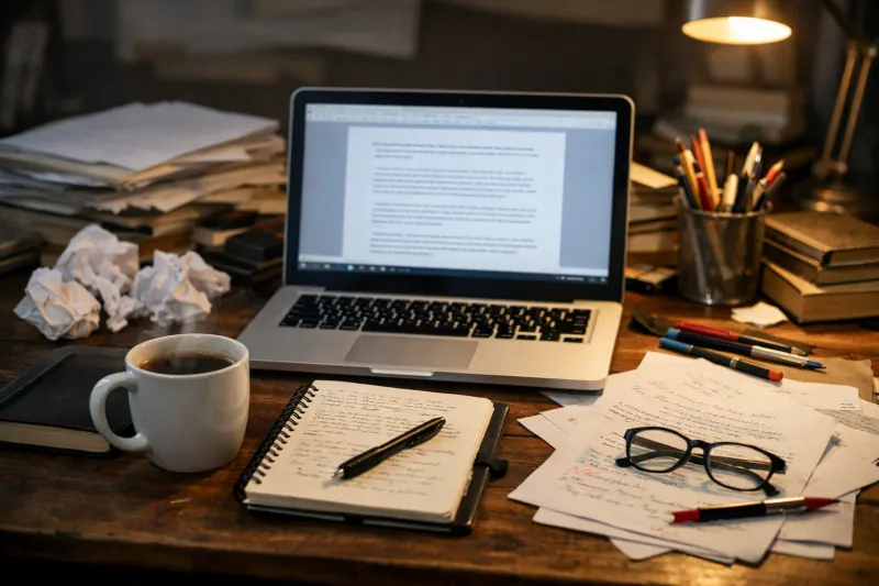 Schreibtisch eines Autors mit Laptop, Notizbuch und Kaffeetasse – kein perfektes Setting, sondern gelebter Arbeitsalltag.