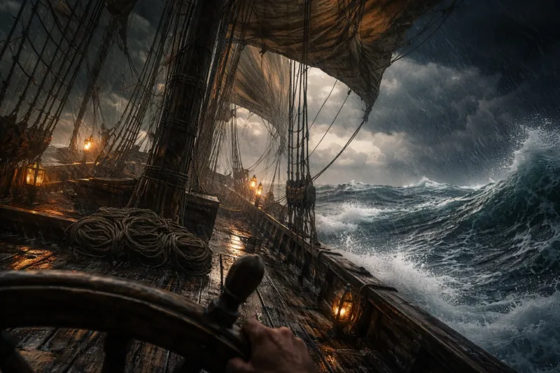 Blick aus der Ich-Perspektive über das Deck eines alten Segelschiffs während eines schweren Sturms, mit aufgewühlter See, dunklem Himmel und schwankenden Segeln.