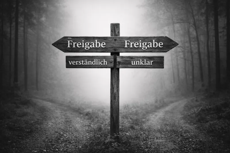 Wegweiser im Nebelwald mit den Aufschriften „Freigabe“, „verständlich“ und „unklar“ als Symbol für unterschiedliche Veröffentlichungsentscheidungen.